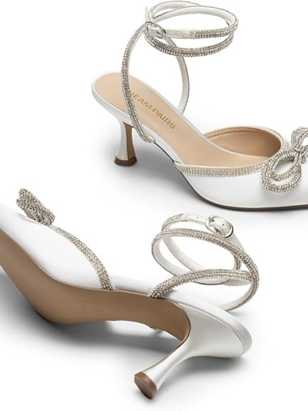 Kitten Heels Rhinestone Bow Ankle Strap Stiletto Pointed Closed Toe Heels for Wo
